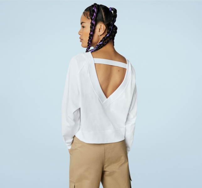 Women's Converse Knit Open Back Neck Sweatshirts White | 608-VLEAJI