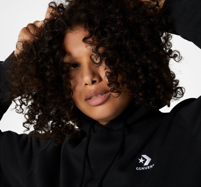 Women's Converse Go-To Embroidered Star Chevron Standard Fit Fleece Hoodie Black | 308-VUPHQY