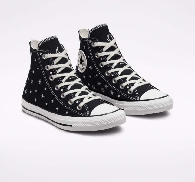 Women's Converse Chuck Taylor All Star Embroidered Stars High Tops Black / White | 921-IQKLNR