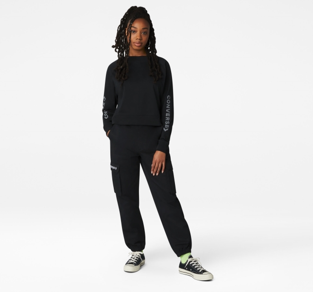 Women's Converse Knit Open Back Neck Sweatshirts Black | 467-ZRWTIO