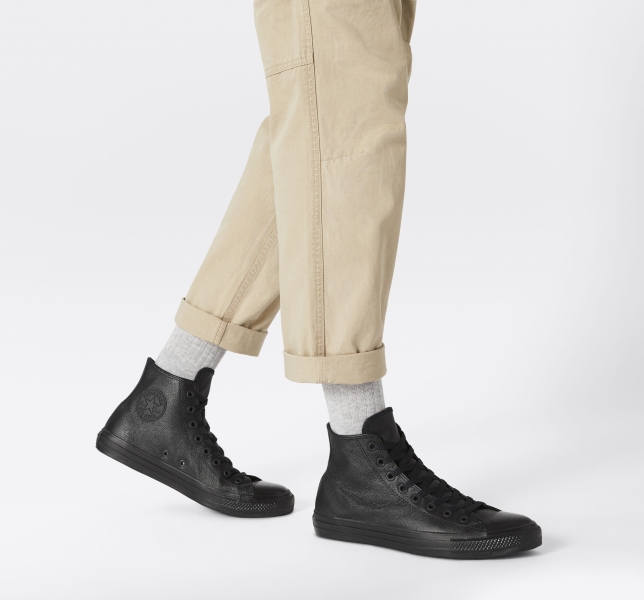 Men's Converse Chuck Taylor All Star Leather Canvas Shoes Black | 492-UJCOAZ