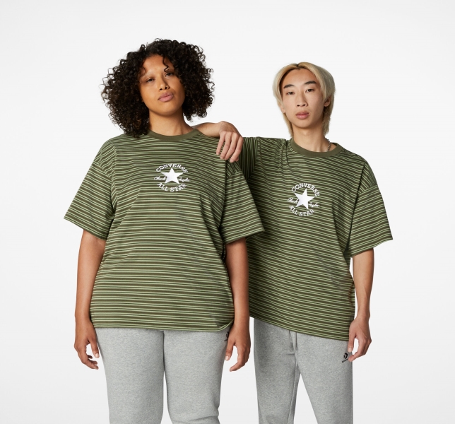 Men's Converse Go-To Striped All Star Patch Loose Fit T Shirts Stripes | 478-VICZDQ