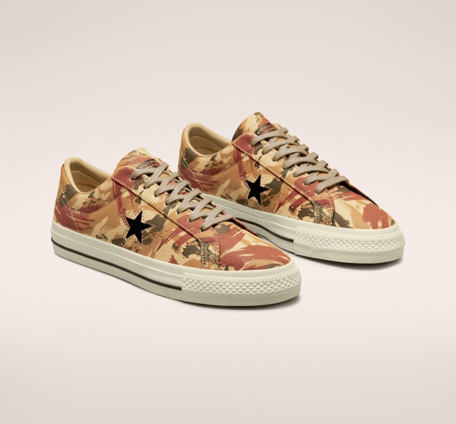 Women's Converse One Star Pro Brushstroke Camo Leather Shoes Khaki / Black | 739-QNMUPX