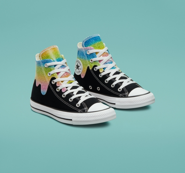 Kids' Converse Chuck Taylor All Star Glitter Drip Canvas Shoes Black / Beige White | 082-FUJBAZ