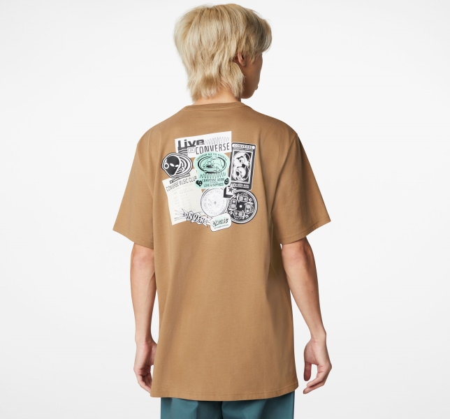 Men's Converse Sticker Graphic T Shirts Brown | 096-MFVBQX