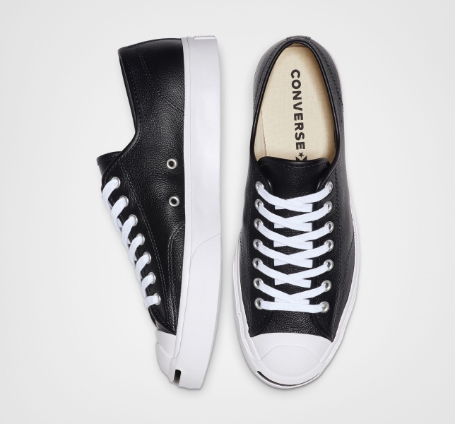 Men's Converse Jack Purcell Leather Canvas Shoes Black / White / White | 951-AJCFRQ
