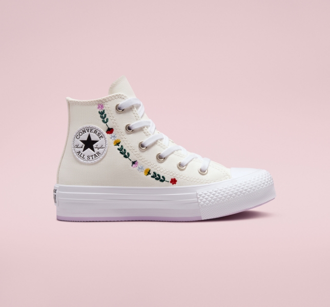 Kids' Converse Chuck Taylor All Star Lift Floral Embroidery Platform Shoes White / White | 518-DXHRPK