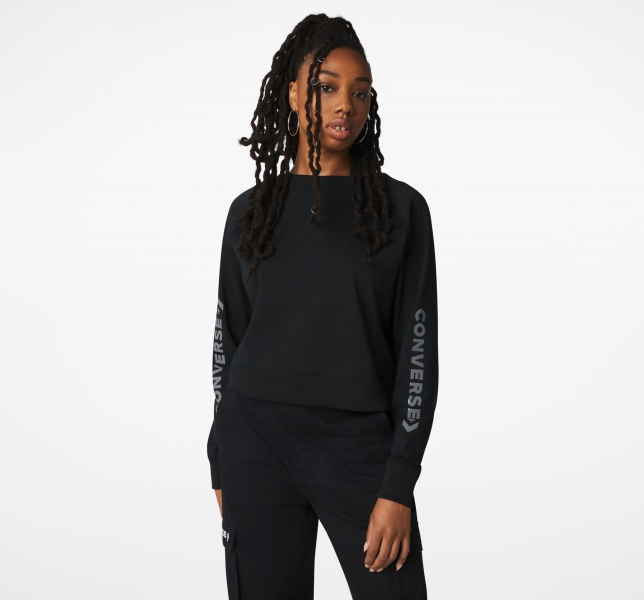 Women's Converse Knit Open Back Neck Sweatshirts Black | 467-ZRWTIO