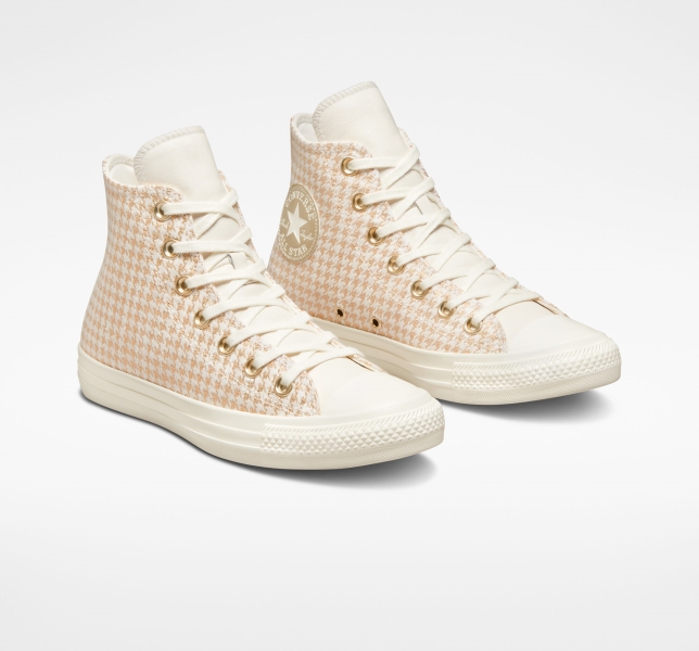 Women's Converse Chuck Taylor All Star Houndstooth Shine High Tops Light Gold | 051-OQKZGF