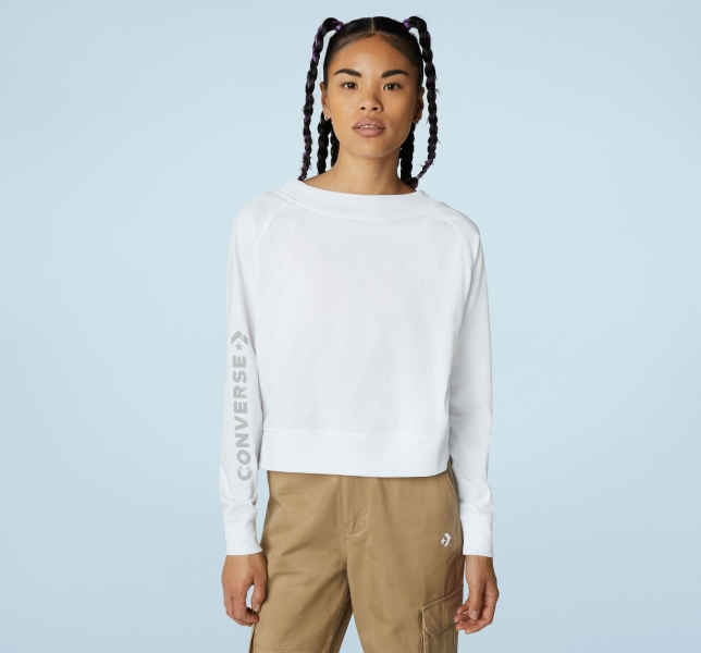 Women's Converse Knit Open Back Neck Sweatshirts White | 608-VLEAJI