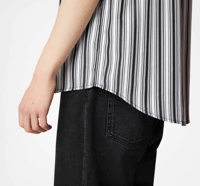 Men's Converse Striped Button Down T Shirts Black / White Stripes | 829-BSJPHE