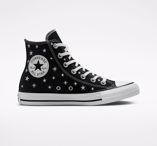 Women's Converse Chuck Taylor All Star Embroidered Stars High Tops Black / White | 921-IQKLNR