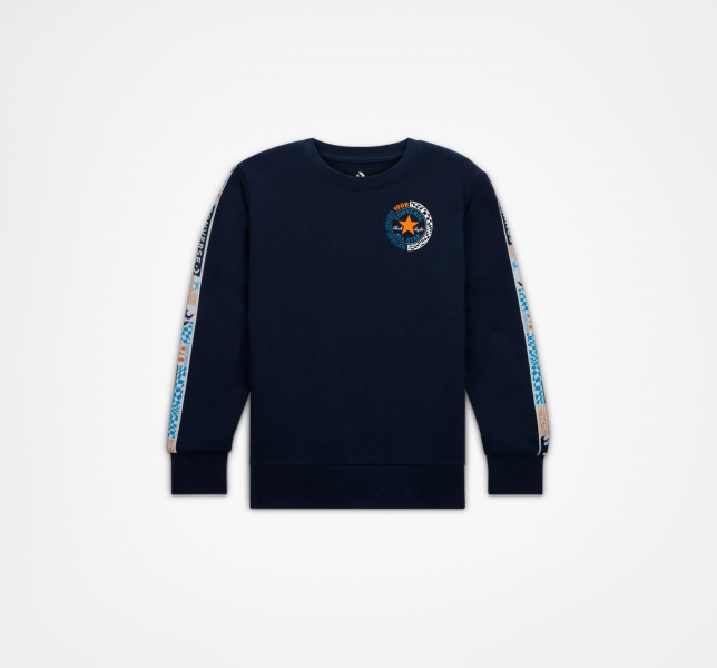 Kids' Converse Checkered French Terry Neck T Shirts Navy | 492-EQSCXL