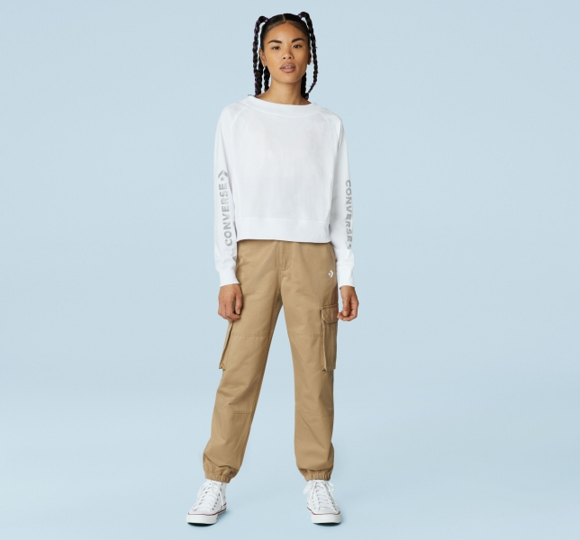 Women's Converse Knit Open Back Neck Sweatshirts White | 608-VLEAJI