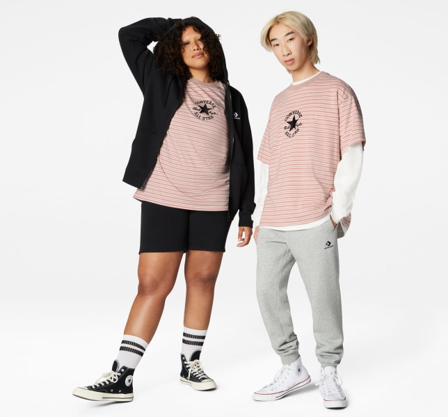 Men's Converse Go-To Striped All Star Patch Loose Fit T Shirts Grey Purple Stripes | 285-CZSTMF