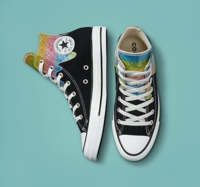 Kids' Converse Chuck Taylor All Star Glitter Drip Canvas Shoes Black / Beige White | 082-FUJBAZ