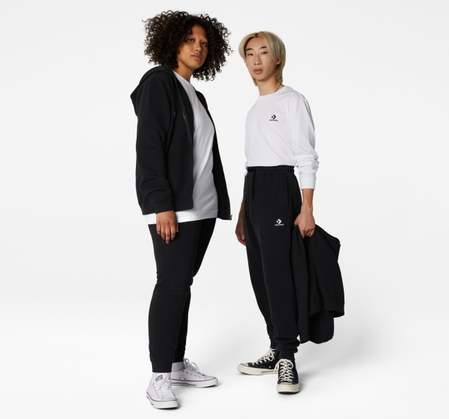 Women's Converse Go-To Embroidered Star Chevron Standard Fit Fleece Pants Black | 752-ZTHGFK