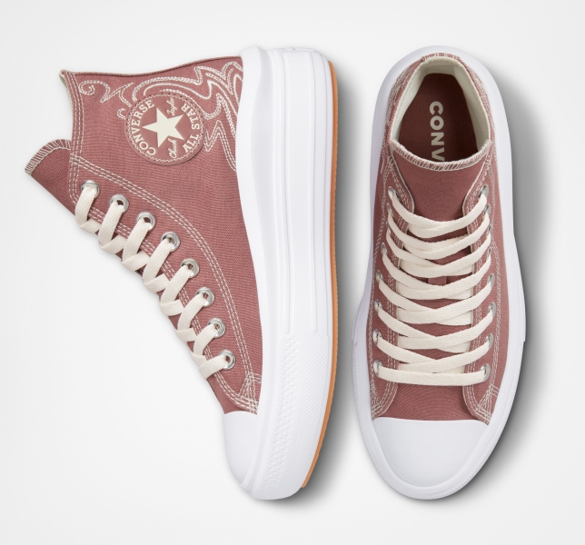 Women's Converse Chuck Taylor All Star Move Western Embroidery Platform Shoes White | 952-PKUNXT