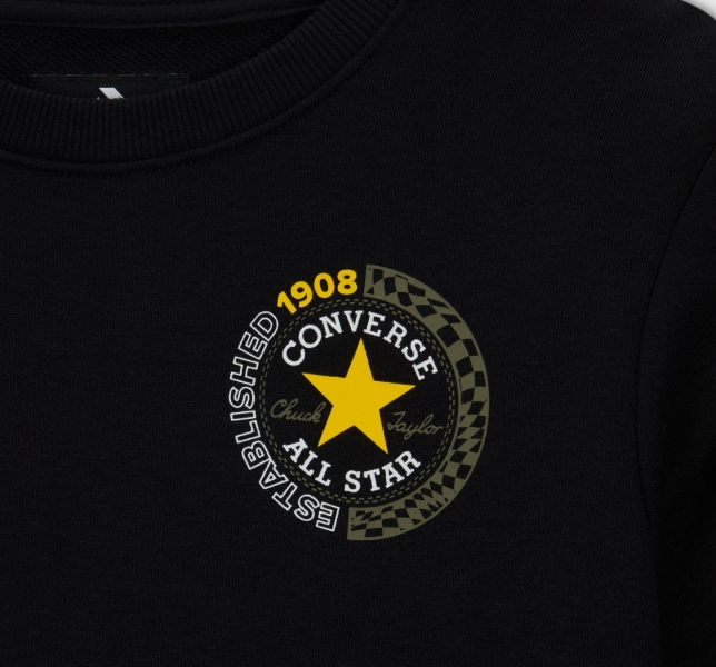 Kids' Converse Checkered French Terry Neck T Shirts Black | 923-ODHUTB