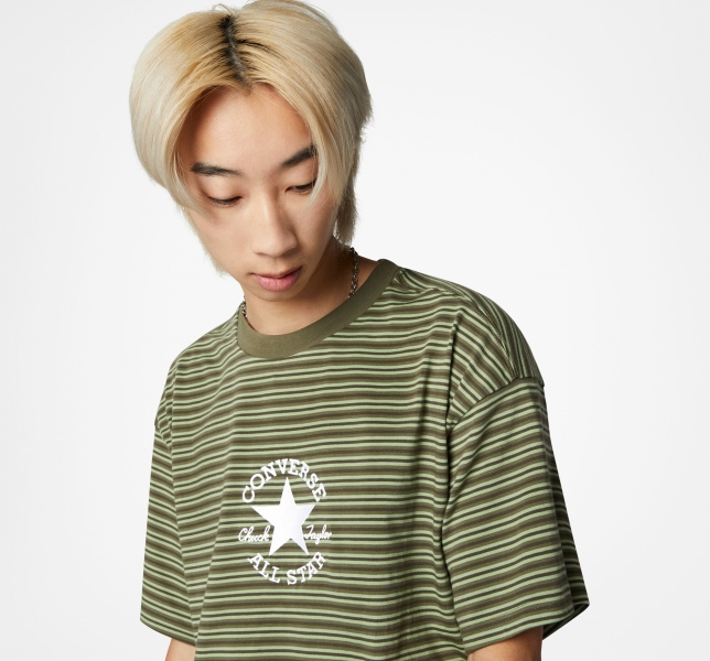 Men's Converse Go-To Striped All Star Patch Loose Fit T Shirts Stripes | 159-WUCMZP