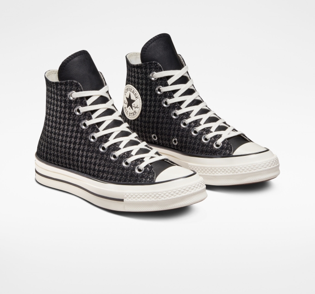 Women's Converse Chuck 70 Houndstooth Shine High Tops Black / Silver | 324-WNMFBQ