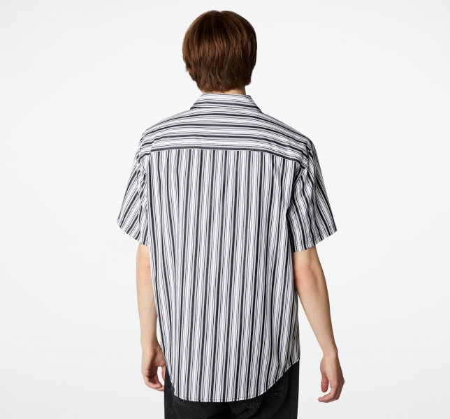 Men's Converse Striped Button Down T Shirts Black / White Stripes | 829-BSJPHE