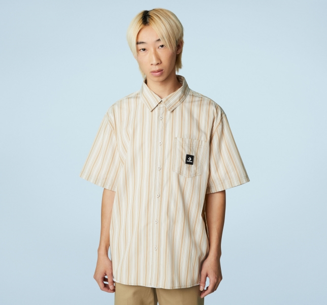 Men's Converse Striped Button Down T Shirts Light Beige / Khaki Stripes | 034-ZRDYJC