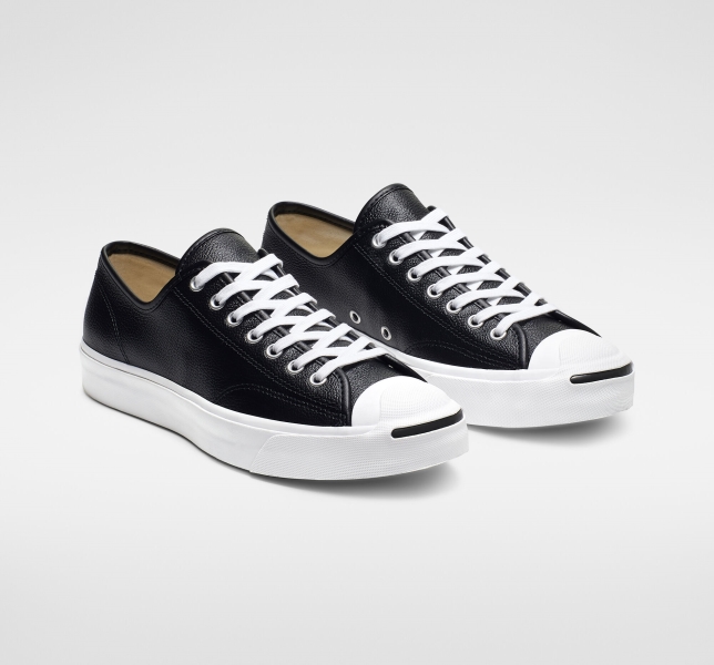 Men's Converse Jack Purcell Leather Canvas Shoes Black / White / White | 951-AJCFRQ