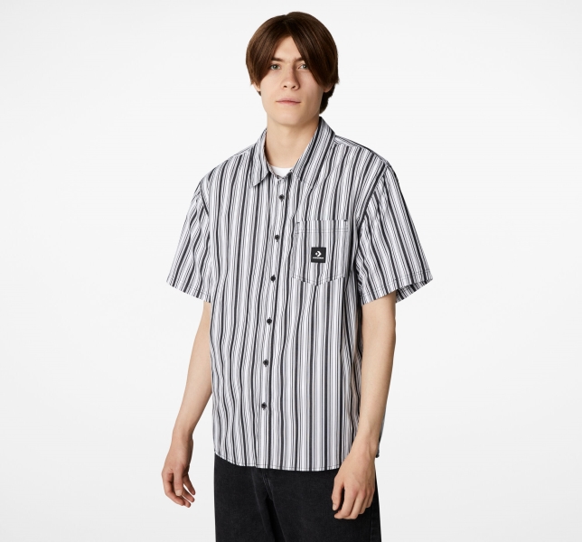 Men's Converse Striped Button Down T Shirts Black / White Stripes | 829-BSJPHE