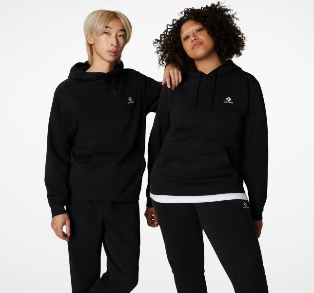 Women's Converse Go-To Embroidered Star Chevron Standard Fit Fleece Hoodie Black | 308-VUPHQY