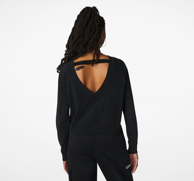 Women's Converse Knit Open Back Neck Sweatshirts Black | 467-ZRWTIO