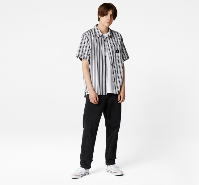 Men's Converse Striped Button Down T Shirts Black / White Stripes | 829-BSJPHE