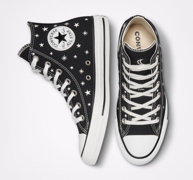 Women's Converse Chuck Taylor All Star Embroidered Stars High Tops Black / White | 921-IQKLNR