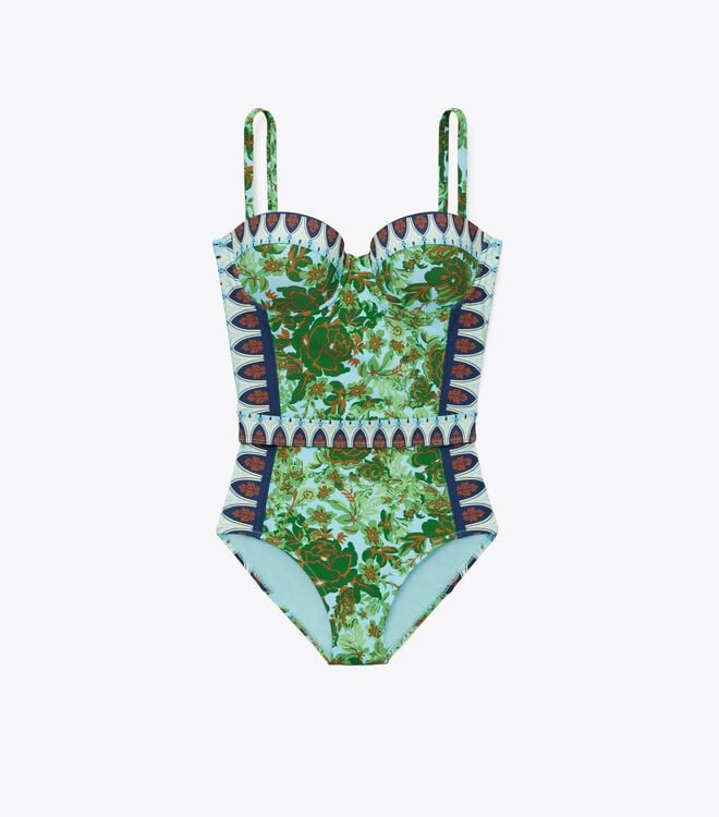 Women's Tory Burch Lipsi Printed One-piece Swimsuits Green | VZUWNF-829 - Tory Burch Outlet Sale