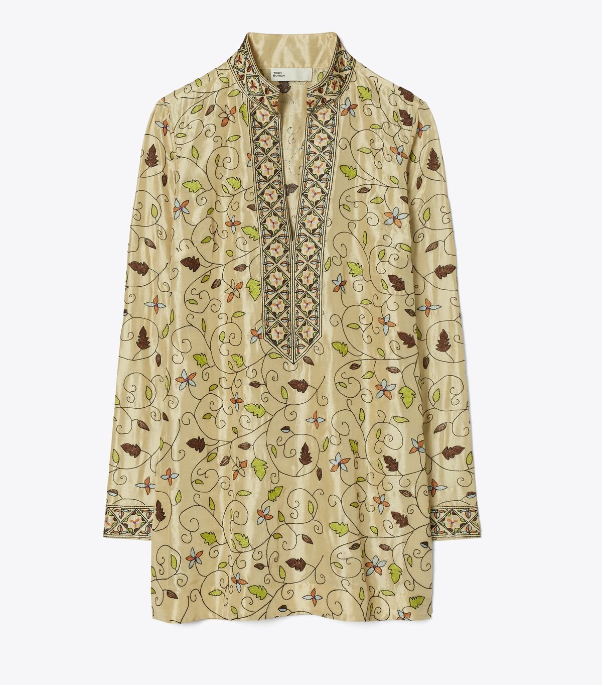 Women's Tory Burch Embroidered Silk Tory Tunic Shirts Khaki | LRGAUB-853 - Tory Burch Outlet Sale