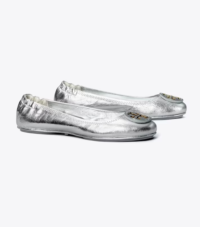 Women's Tory Burch Minnie Travel Flat Shoes Silver | ZAMXNE-482 - Tory Burch Outlet Sale