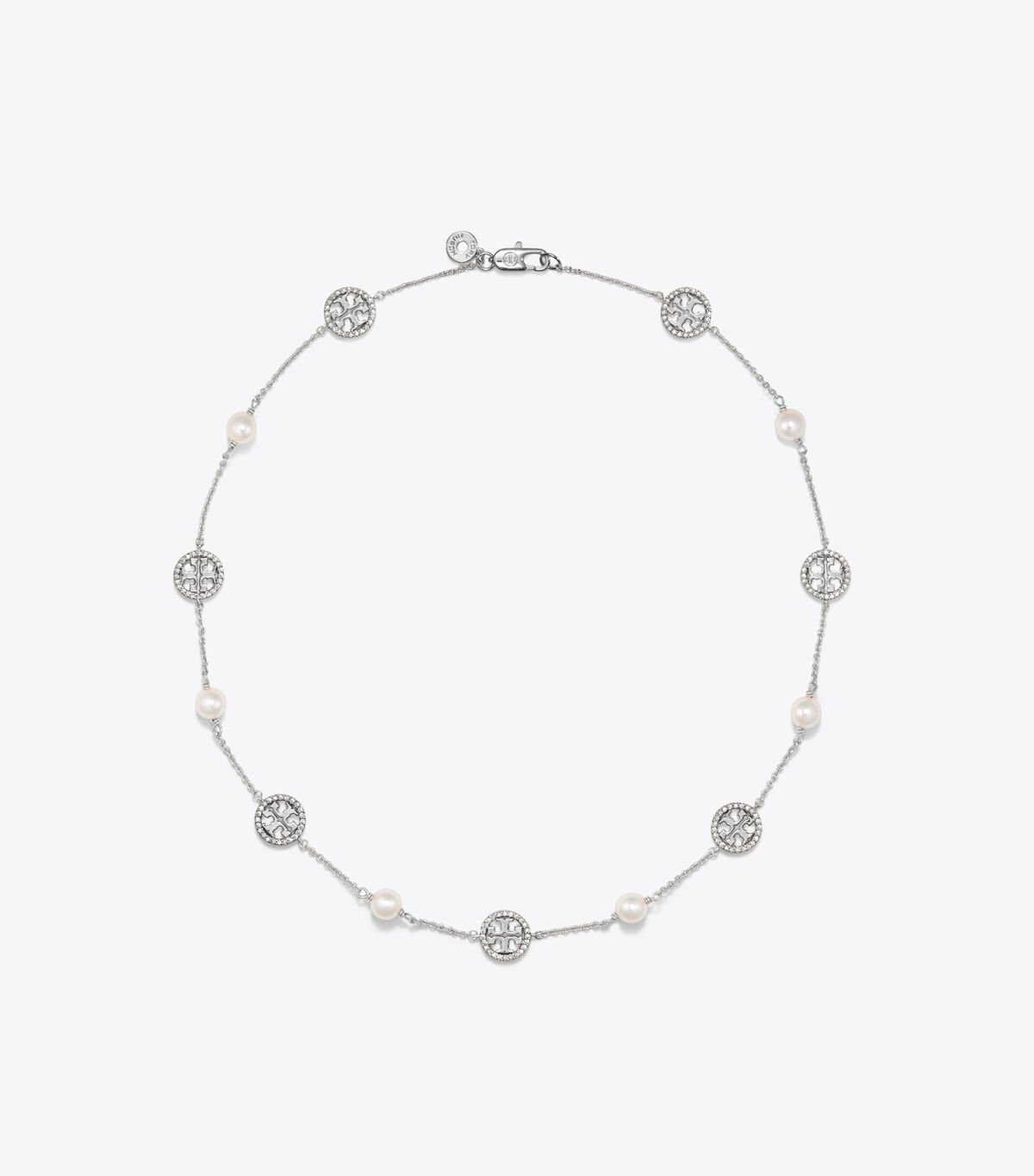 Women's Tory Burch Crystal Pearl Logo Necklace Silver | DXKBJF-297 - Tory Burch Outlet Sale