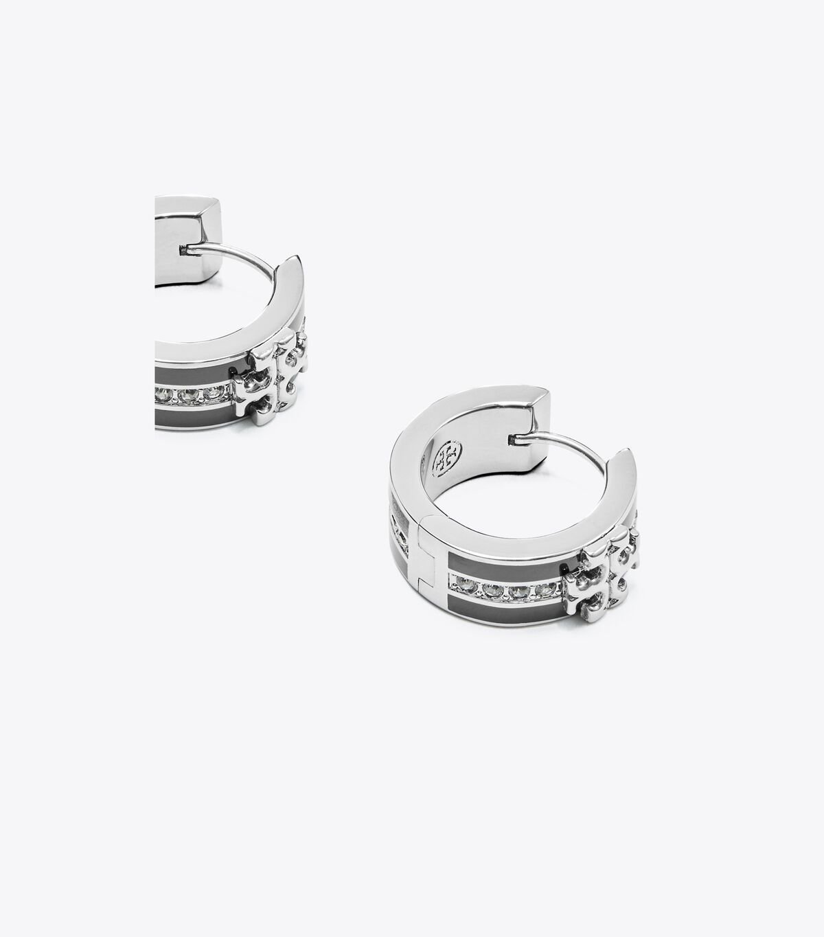 Women's Tory Burch Kira Enamel Huggie Hoop Earrings Silver / Black | QROUCF-602 - Tory Burch Outlet Sale