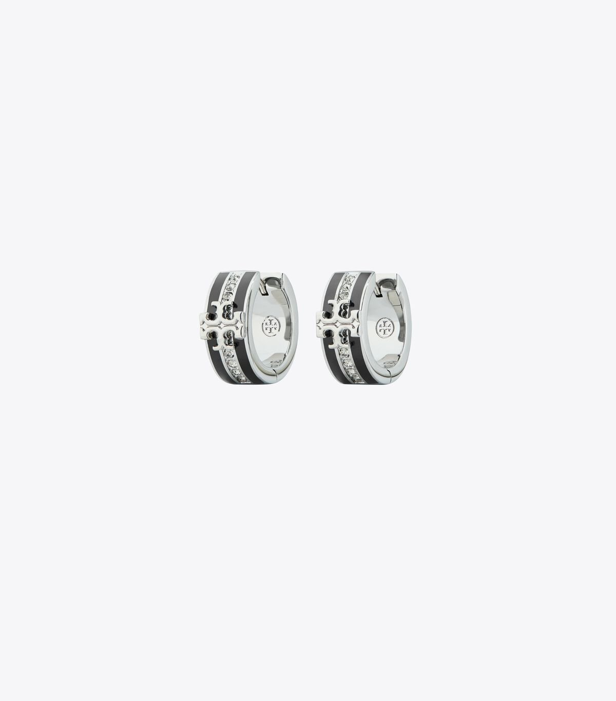 Women's Tory Burch Kira Enamel Huggie Hoop Earrings Silver / Black | QROUCF-602 - Tory Burch Outlet Sale