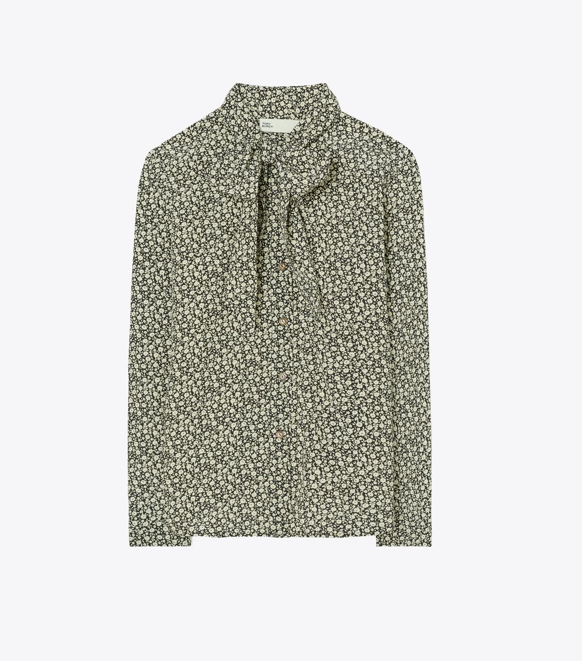 Women's Tory Burch Ditsy Floral Bow Shirts Black | RAGZYM-168 - Tory Burch Outlet Sale