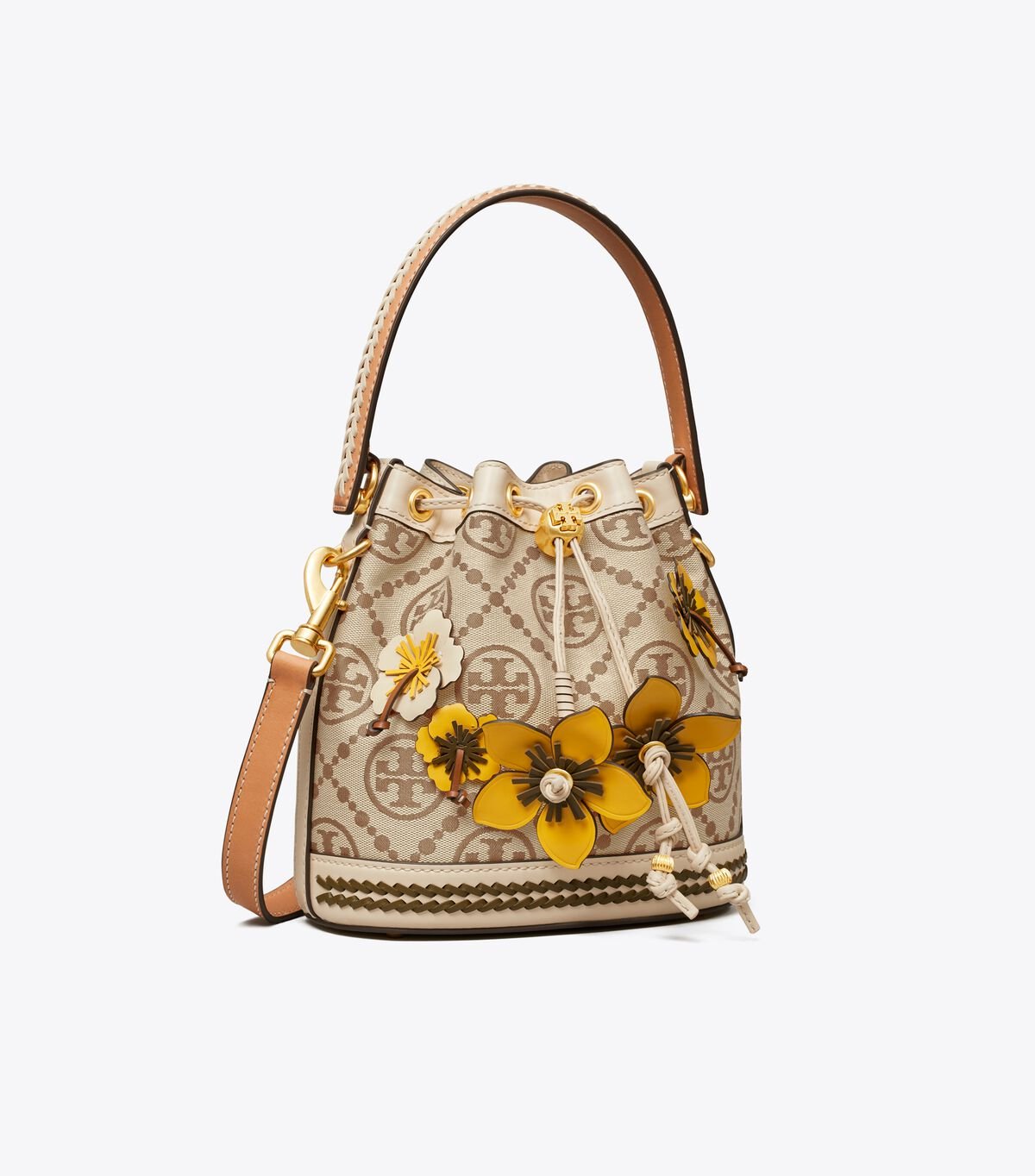 Women's Tory Burch T Monogram Braided Floral Bucket Bags Beige | SUEVZR-653 - Tory Burch Outlet Sale