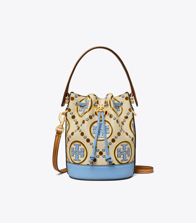 Women's Tory Burch Mini T Monogram Contrast Embossed Bucket Bags White / Blue | GAKLCI-738 - Tory Burch Outlet Sale