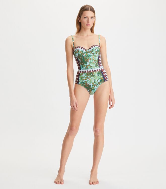 Women's Tory Burch Lipsi Printed One-piece Swimsuits Green | VZUWNF-829 - Tory Burch Outlet Sale