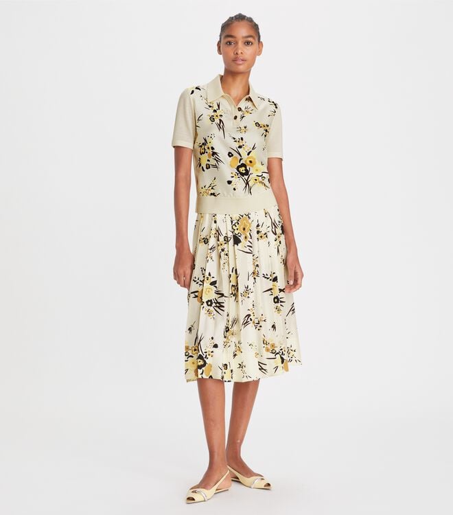 Women's Tory Burch Printed Silk Pleated Skirts Flower | MIYDKB-937 - Tory Burch Outlet Sale