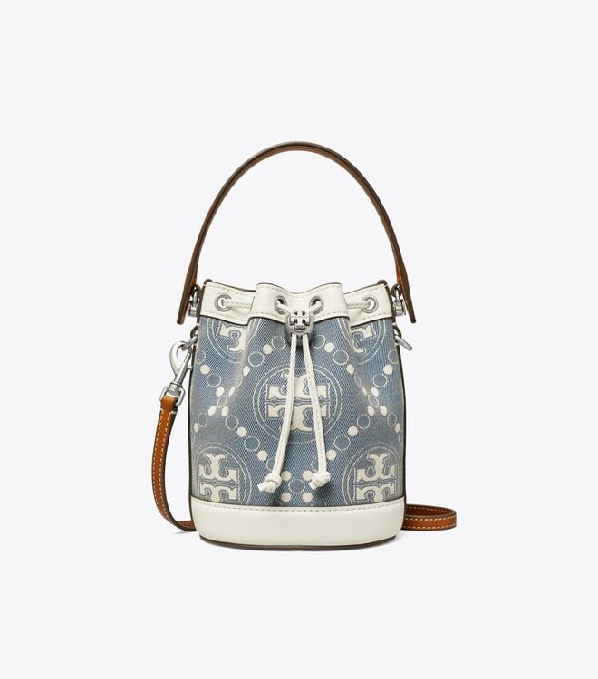 Women's Tory Burch Mini T Monogram Denim Bucket Bags Blue | VIFXQR-720 - Tory Burch Outlet Sale