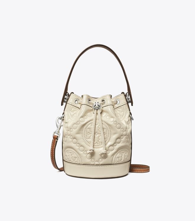 Women's Tory Burch Mini T Monogram Embroidered Patent Bucket Bags Light Cream | TYFQGA-185 - Tory Burch Outlet Sale