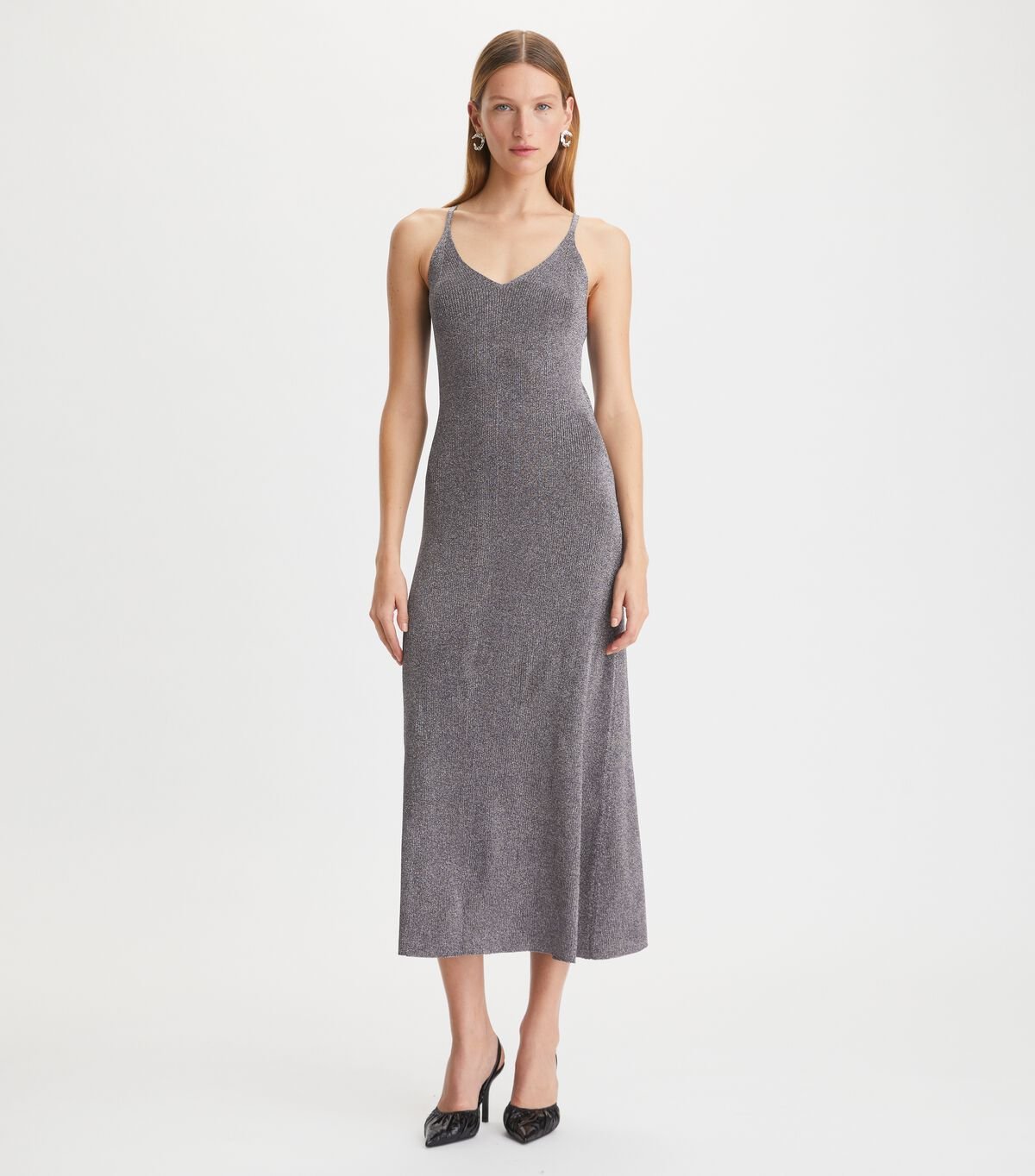 Women's Tory Burch Metallic Knitted Slip Dress Dark Grey | EWGJHX-482 - Tory Burch Outlet Sale
