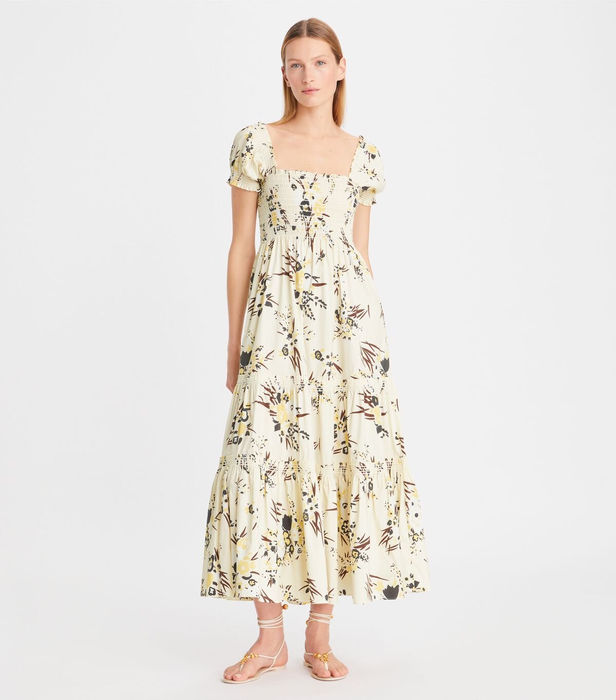 Women's Tory Burch Printed Smocked Dress Cream | QLFNSP-835 - Tory Burch Outlet Sale