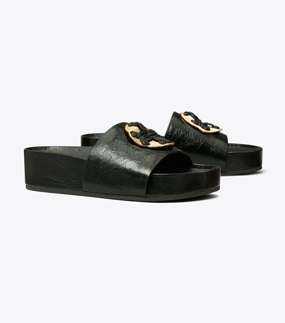 Women's Tory Burch Woven Double T Slides Black | AKXJYG-712 - Tory Burch Outlet Sale