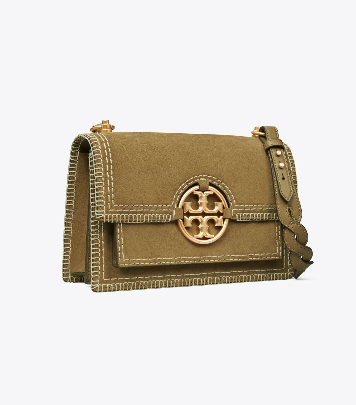 Women's Tory Burch Miller Suede Stitched Flap Shoulder Bags Khaki | FXOYQC-458 - Tory Burch Outlet Sale